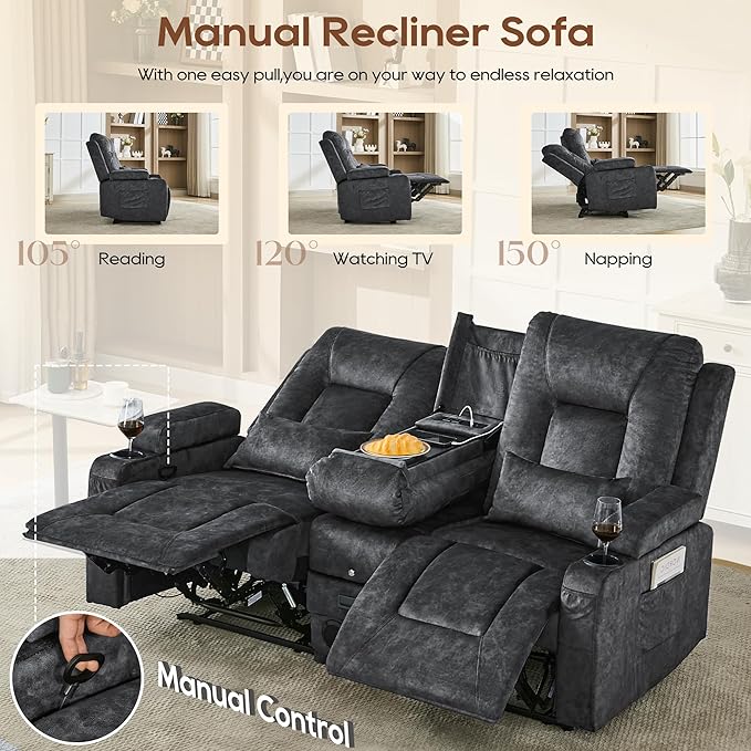 URRED Manual Reclining Loveseat Sofa with Console Double Recliner RV Couch with Bluetooth Speakers USB &amp Power Outlet Cup Holders Pillow and Side Pocket for Home Theater Velvet Grey