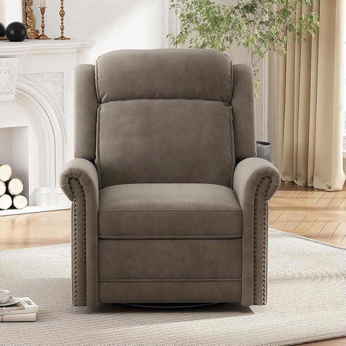 360° Swivel Recliner Chair with Adjustable Backrest Manual Rocking Recliner Home Theater Manual Recliner Chair with Metal Base and Velvet Fabric for Living Room (Light Brown 2)