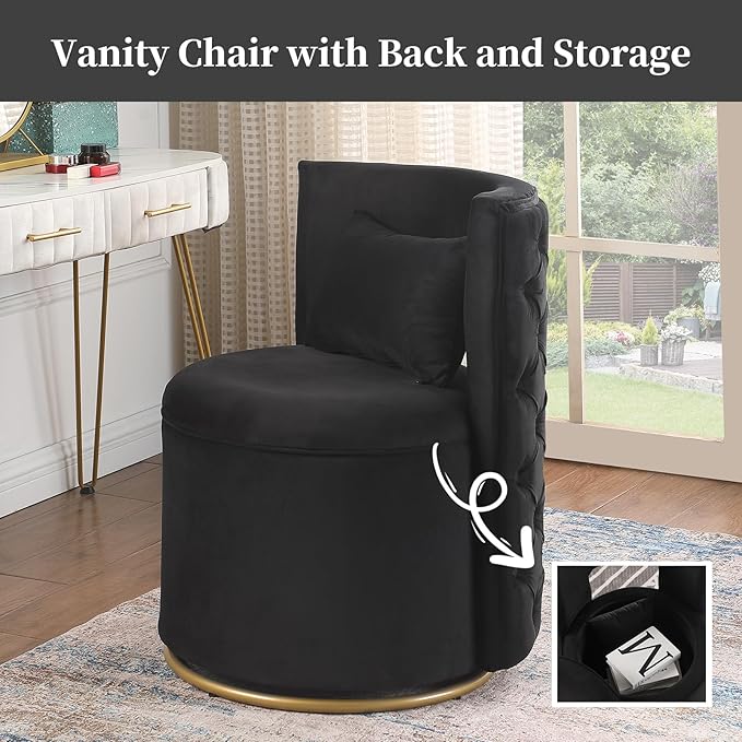 Swivel Chair with Storage for Living Room Round Velvet Vanity Chair with Tufted Button Back Pillow Included (Black)