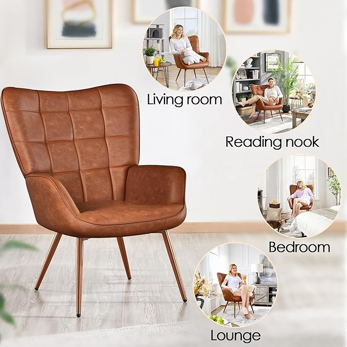 Yaheetech Accent Chairs Large PU Leather High-Back Chair w/Metal Legs Pottery Barn Style Living Room Chairs for Bedroom/Home Office Brown Set of 2