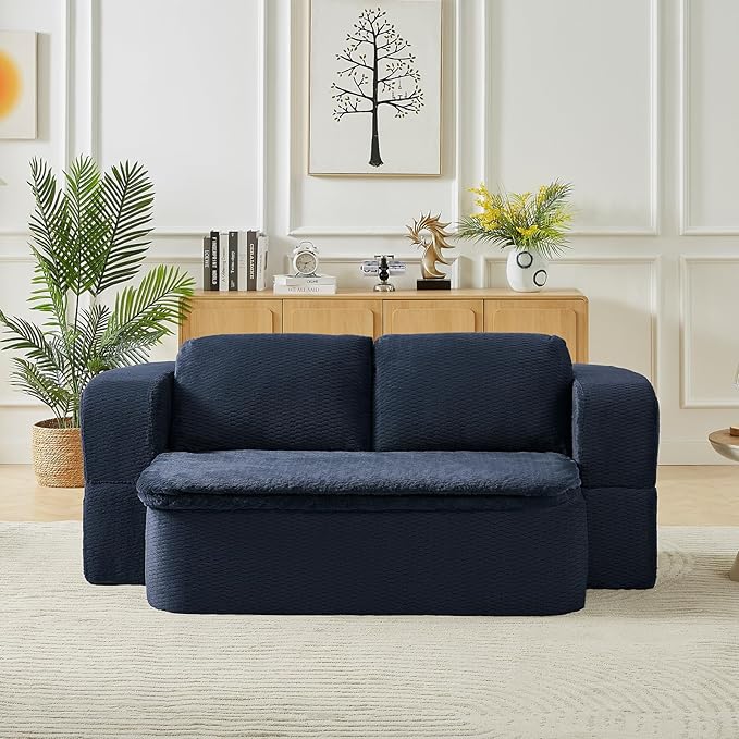 2-in-1 Convertible Sofa Bed 74.8 Memory Foam Boneless Couch Bed Full Size Love Seat Sleeper Sofa Floor Couch Loveseat with 2 Pillows for Living Room Bedroom Apartment Office No Assembly Blue