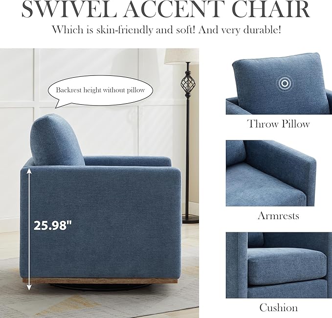 Aoiy &amp Wifon 30.7 W Swivel Accent Chair Mid Century Modern Swivel Chair for Living Room Comfy Small Accent Chair Wavy Chenille Blue