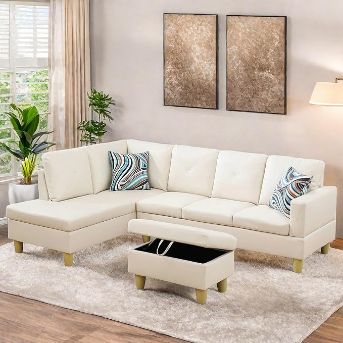FONTOI L Shaped Sectional Couch Sofa Modern Couches for Living Room Comfy 4 Seat Modular Sectional Sofa with Ottoman Storage for Bedroom Apartment White