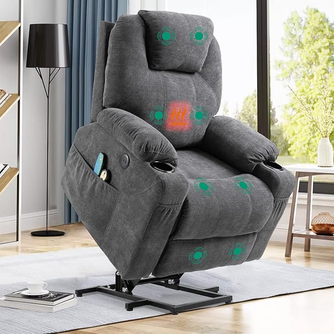 VIVIJASON Power Lift Chair Electric Recliner for Elderly Heated Vibration Massage Fabric Recliner Chair with 2 Remote Controls Cup Holders Side Pockets &amp USB Ports for Living Room (Grey)