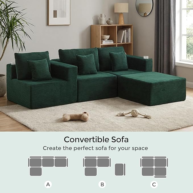WELAX 104 Modular Sectional Couches for Living Room Boneless Couch L-Shape with Cup Holders &amp Pillows Modern Corduroy Cloud Sofa 4 Seater Home Comfy Sofas for Bedroom Green