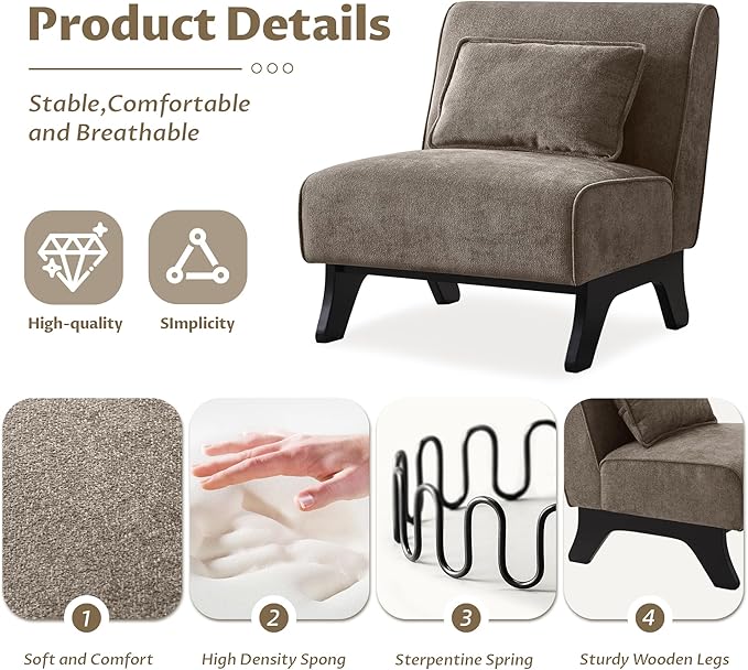 Upholstered Armless Accent ChairModern Comfy Living Room Chairs with Wooden Legs&amp PillowsLounge Sofa Side Chair for Bedroom Farmhouse Reading (Dark Brown 2 PCS)