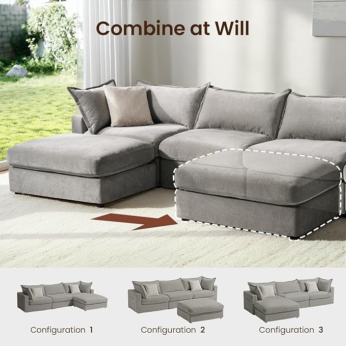118.5 Modular Sectional Sofa Down Filled Cloud Couch with Storage Ottoman Oversized L Shaped Couch with 2 Pillows 4 Seats Sectional Couches for Living Room Apartment Light Grey