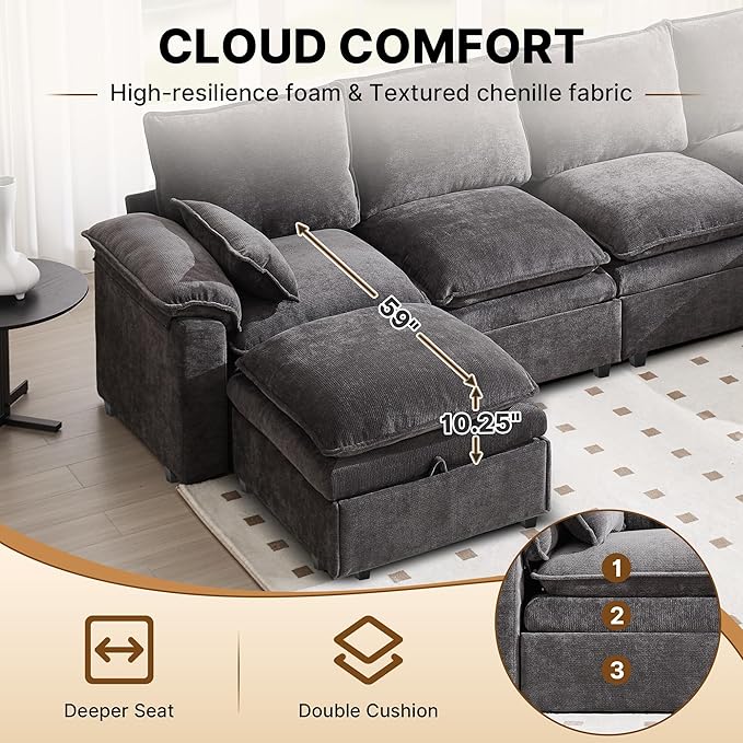 100 Modular Sectional Sofa L Shaped with Storage Chenille Cloud Couch for Small Spaces Living Room Apartment Comfy Deep Seat with Reversible Ottoman (4 Seats Grey)