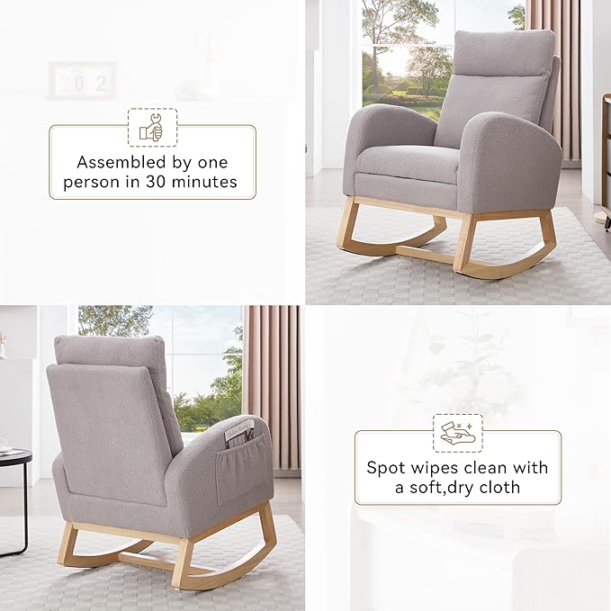 Setawix Teddy Rocking Glider Chair for NurseryUpholstered Living Room Rocker Arm ChairLeisure Sherpa Wingback ArmchairMid Century Modern Rocking Accent Chair with Side Pockets (Teddy Grey)