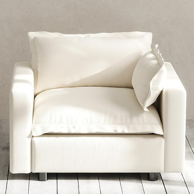 Modern Couch Modular Sectional Sofa Single Sofa Accent Chair with Ottoman for Living Room Bedroom Study Reading Corner Linen Fabric-White