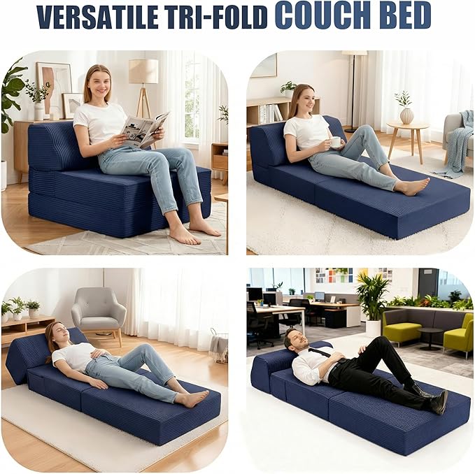Folding Sofa Bed with Pillow Memory Foam Fold Out Chair Bed Convertible Sleeper Chair with Washable Cover Futon Floor Couch for Living Room/Dorm/Guest Use/Home Office/Apartment Navy Blue