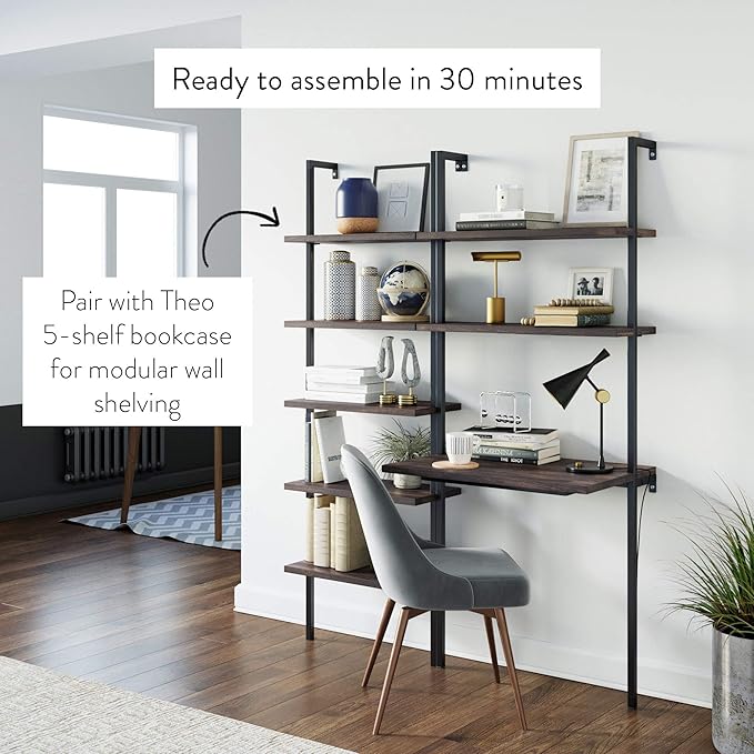 Nathan James Theo 2-Shelf Industrial Wall Mount Ladder Table Small Computer or Writing Desk Nutmeg/Matte Black