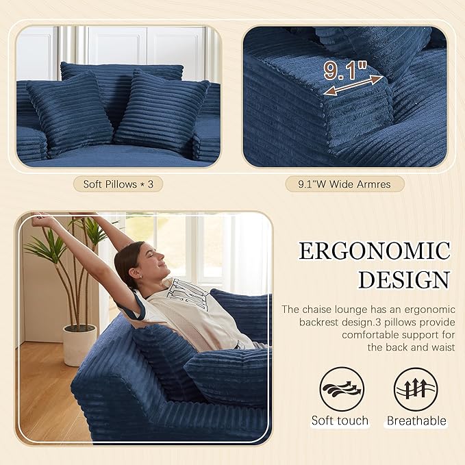 80 Inch Chaise Lounge Chair Indoor Oversized Corduroy Upholstered Boneless Sofa Bed Deep Seat Sleeper Couch Reading Chairs Cloud Sofas Couches for Living Room No Assembly Required (Blue)