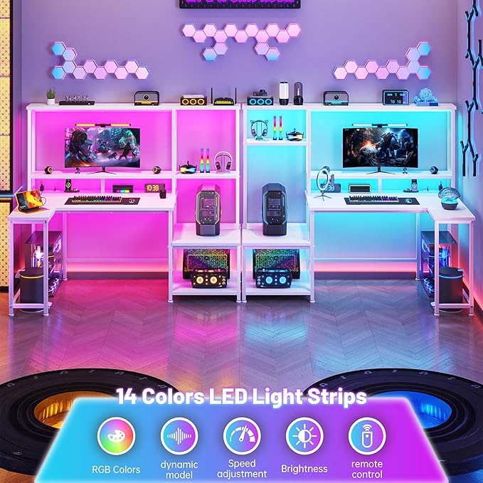 L Shaped Gaming Desk with LED Lights &amp Outlets55 Computer Desk with Shelves &amp Storage HutchReversible Corner Gaming Table with Printer Space &amp Monitor Stand for Game RoomHome OfficeWh
