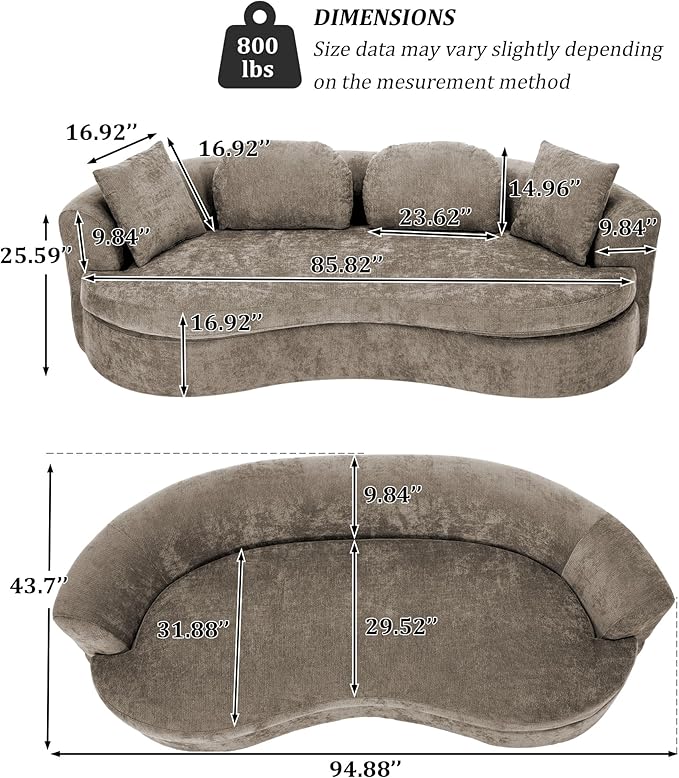 95” Modern Curved Sofa Chenille Fabric Comfy Cloud Couch No Assembly Required Half Moon Couch with Deep Seat 4 Pillows for Living Room Apartment Bedroom