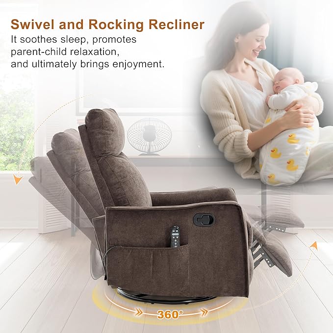 Manual 360° Swivel Rocker Recliner Chair for Adults Overstuffed Glider Chair for Nursery with Vibration Massage &amp Heat Comfy Soft Fabric Recliner Chair with Side Pockets for Living Room Brown