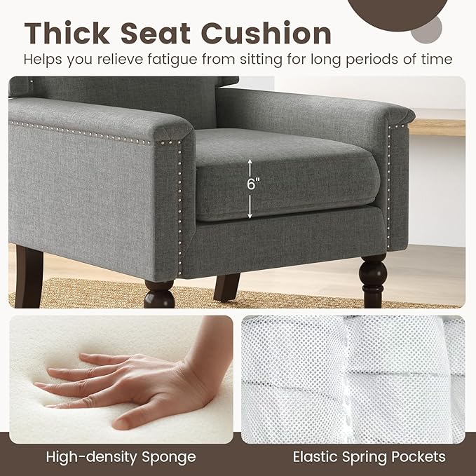 Giantex Mid-Century Modern Accent Chair Grey Linen Fabric Upholstered Armchair w/Rubber Wood Legs Nailhead Trim Max Load 440 Lbs Comfy Single Sofa Side Chair for Living Room Bedroom