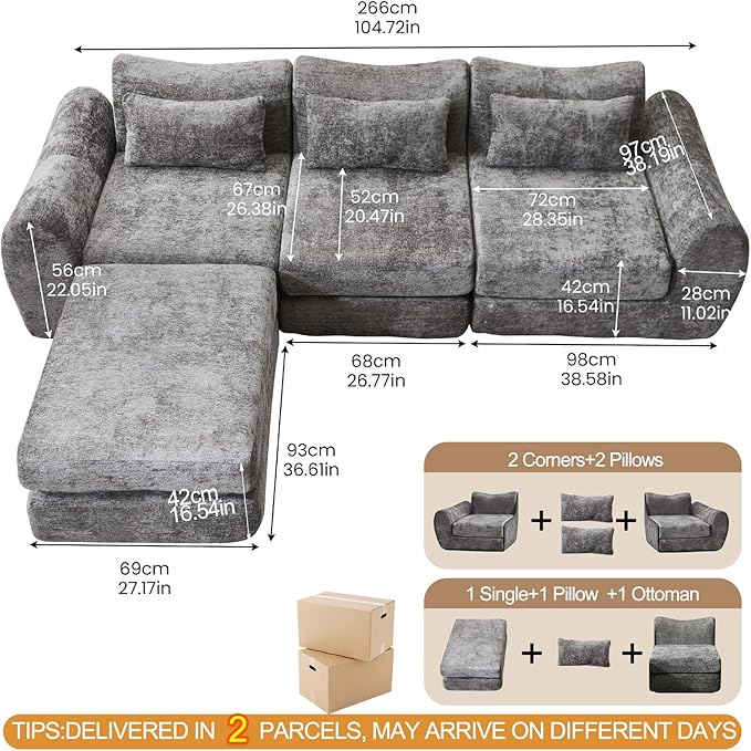 105” Modular Sectional Sofa Convertible Sofa BedTransforms into Single or Double Sofa Chenille Fabric Cloud SofaModern Soft Boneless Comfort No Assembly Required Grey