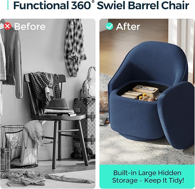 LINSY Swivel Accent Chair with Storage Comfy Chenille Barrel Chairs Small 360 Swivel Modern Armchair for Living Room Bedroom Boucle Reading Chair for Study Room (Blue)