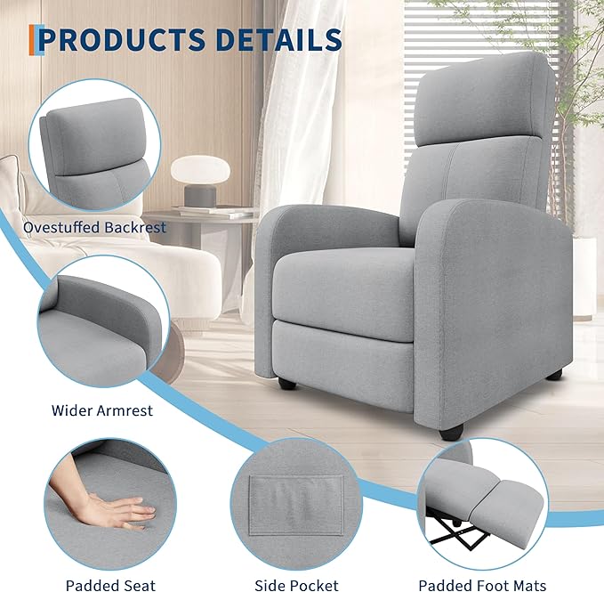 Premium Linen Manual Recliner Chair - High Backrest &amp Thick Cushion for Superior Comfort Adjustable Push Back Recliner with Side Pocket Gray Lounge Chair for Living Room &amp Bedroom
