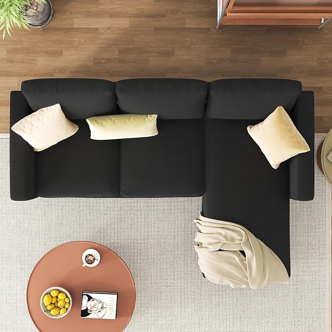 JAMFLY 3-Seat Reversible L-Shaped Sectional Sofa with Convertible Ottoman Modern Upholstered Fabric Couch for Small Living Rooms Apartments &amp Studios Black