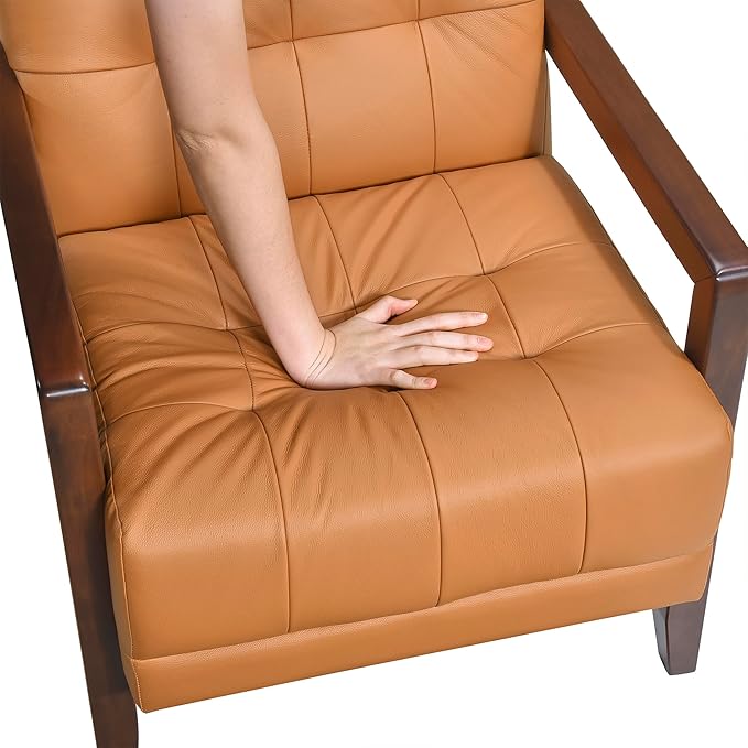 Lexicon Modern Accent Chair Luxury Genuine Leather Match Living Room Chair with Tufted Cushions Solid Wood Frame and Arm Rest Comfy Upholstered Single Seat for Bedroom/Reading/Office Orange
