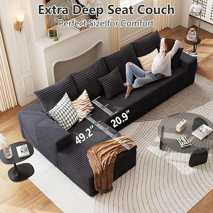 135.4 Cloud Sectional Couch with L-Shape Chaise Modern Modular 4-Seater Sofa with Deep Seat Corduroy Upholstered Couches for Living Room Bedroom No Assembly Required(Black Left Facing)
