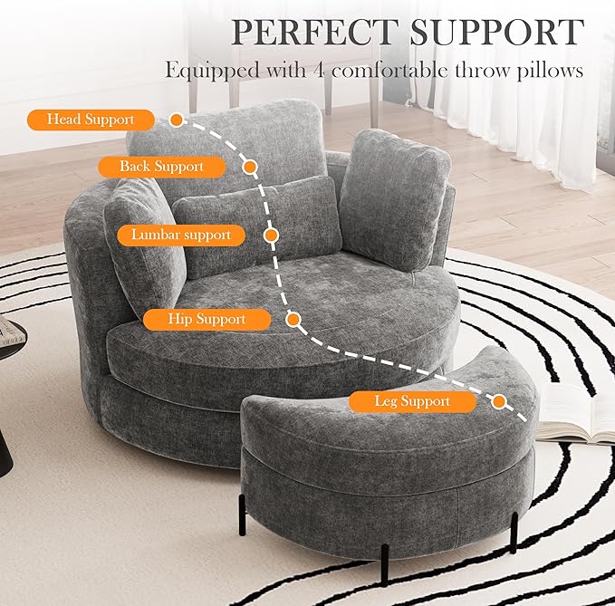 Aoiy &amp Wifon 50'' W Oversized Swivel Barrel Chair with Storage Ottoman Gray Round Accent Chair with Half Moon Ottoman for Living Room Deep Seat &amp Extra Wide Chenille