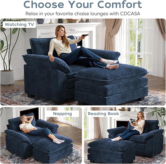 CDCASA Oversized Accent Chair with Ottoman Chenille Comfy Cloud Sofa Chair with Large Seat and Upholstered Armrests Modern Extra Wide Armchair for Bedroom Living Room Blue