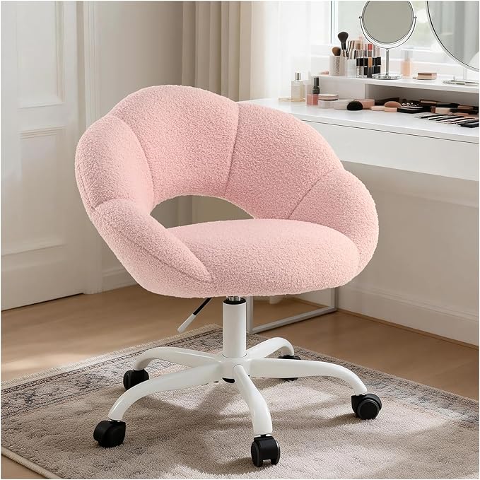 Vanity Chair Petal-Shaped Criss Cross Chair with WheelsUpholstered Tall Office Chair with Back for Girls WomenMid-Back Swivel Accent Chairs for Living Room Bedroom (Pink)