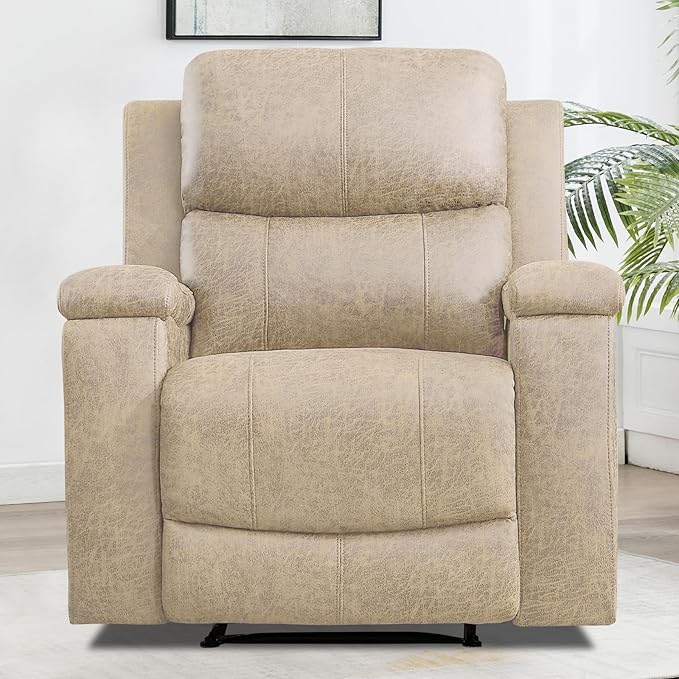 CANMOV Leather Recliner Chair Classic and Traditional Manual Recliner Chair with Overstuffed Arms and Back Manual Single Sofa with Concealed Cup HoldersBeige