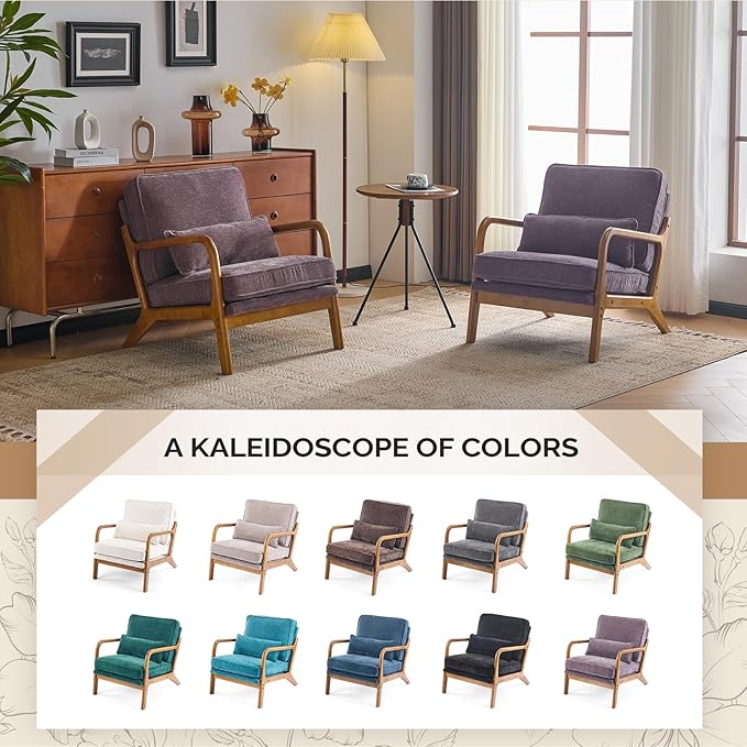 VINGLI Chenille Mid-Century Modern Accent Chair Cute Reading Arm Chair with Cushion &amp Lumbar Pillow &amp Solid Wood Frame for Lounge Living Room Reading Room Bedroom Light Purple