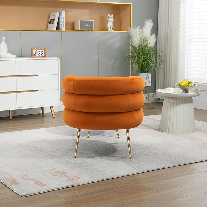 Velvet Accent Chair with Ottoman Set Modern Upholstered Armchair Tufted Chair with Footstool Single Sofa Chair with Golden Metal Legs for Living Room (Orange)