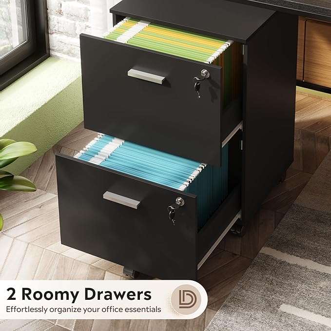 DEVAISE 2 Drawer File Cabinet Mobile Printer Stand Wood Filing-Cabinet fits A4 or Letter Size for Home Office Black
