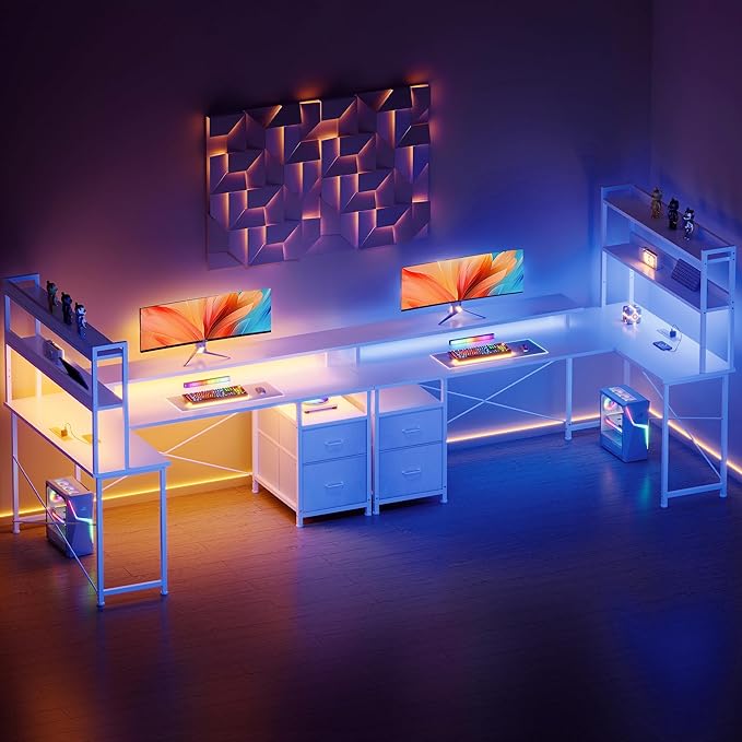 L Shaped Gaming Desk with ShelvesReversible Computer Gaming Desk with LED Lights and Charging StationHome Office Corner Desk with Monitor StandWhite