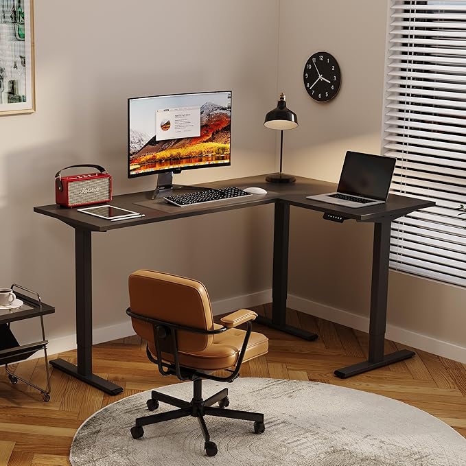 SANODESK Electric Height Adjustable 3-Leg L Shaped Standing Desk Frame Support up to 220lbs Sit Stand Ergonomic L Desk Frame Only Black