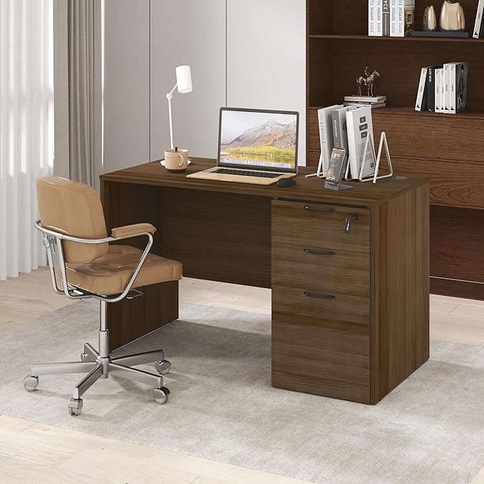 Furinno Roger 47 Inch Executive Desk with File Cabinet Home Office Desk with 3-Drawer Fixed Pedestal Filing Cabinet Desk Cord Grommet for Home Office Modern Walnut
