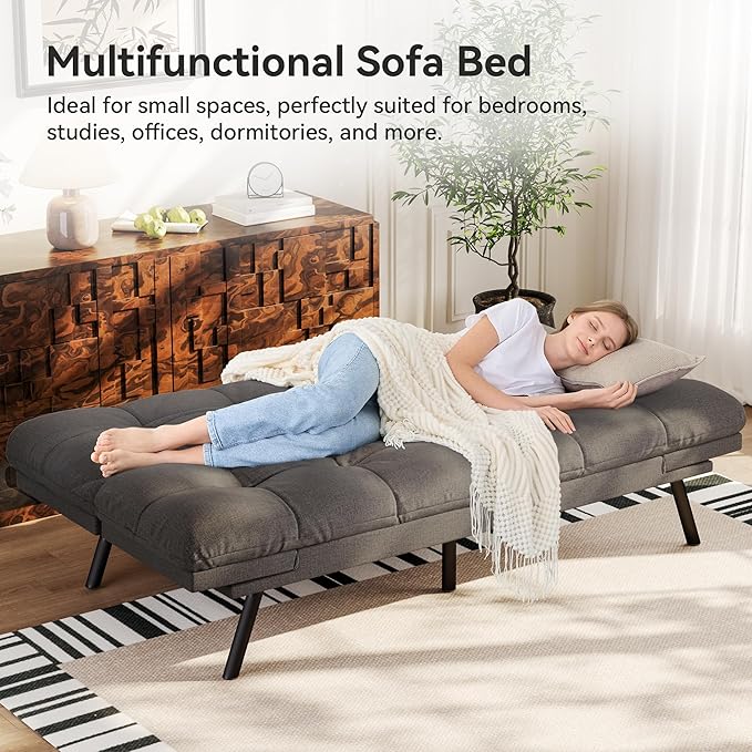 Vipbear Convertible Futon Sofa BedGrey Linen Futon Couch with Detachable CushionAdjustable Backrest &amp ArmrestModern Small Recliner Loveseat Sleeper Couch for Living RoomOfficeApartment