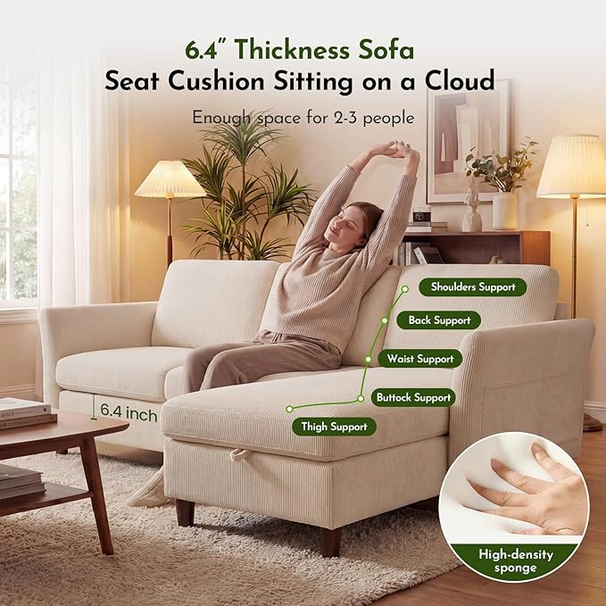 Convertible Sectional SofaCorduroy L-Shaped Couch with Reversible Storage Chaise3-Seater Sofa with Side Pocket for Living RoomBedroom and Office 106.7Beige