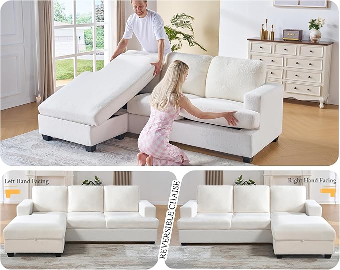 VanAcc 88 Inch Reversible L Shape Sofa Convertible Sofa with Storage L Shape Couch with Chaise Comfy Couches for Living Room White Bouclé