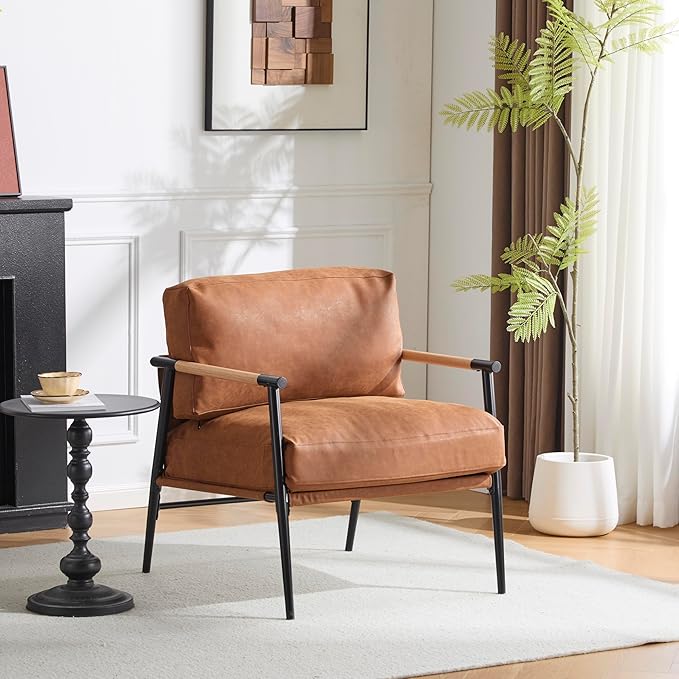 Merax Modern Accent Chair with PU Leather Cushions and Wooden Armrest Design Living Room Accent Chair with Metal Frame for Living Room Bedroom or Office Seating Easy Assembly Brown(PU Leather)