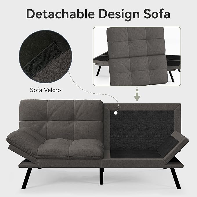 Convertible Futon Sofa BedGrey Linen Modern Futon CouchMemory Foam Loveseat Sleeper ReclinerDetachable CushionAdjustable Backrest &amp ArmrestCouch for Living RoomOfficeApartment