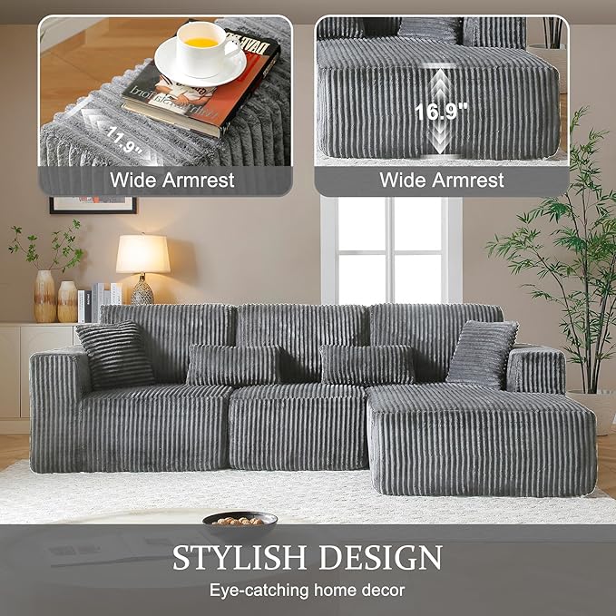 108 Boneless Cloud Sectional Couches for Living Room Comfy Fluffy L Shaped Memory Foam Deep Seat Boneless Couch Modular Sectional Sofa with Right Facing Chaise Dark Grey