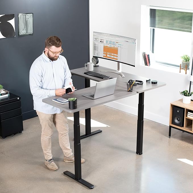 VIVO Electric Height Adjustable 67 x 60 inch Corner Stand Up Desk 2 Dark Gray Solid Table Tops Black Frame Memory Controller L-Shaped Workstation 3E Series DESK-KIT-3E6G