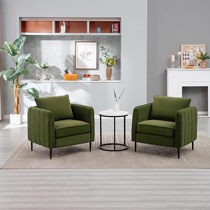 Accent Chair for Living Room ChairsVelvet Modern Upholstered Chairs Living RoomCozy ArmchairBarrel Chair (2 Olive Green)