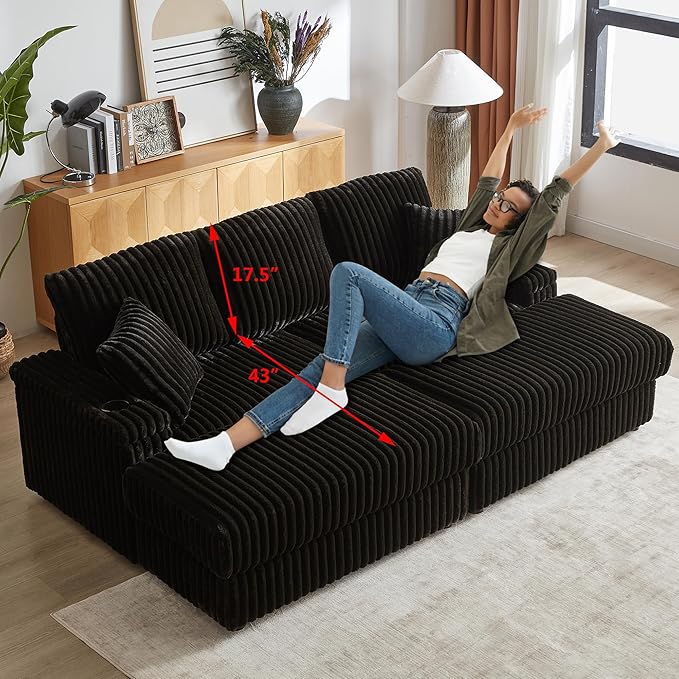 Aoowow 84 Corduroy Oversized 3-seater sofa with 2 Ottomans Modular Sectional Deep Seat Sofa with Back and Toss Pillows Modern Comfy Sofa with 2 Storage Spaces and Cup Grooves for Living Room Black