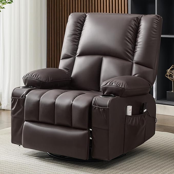 Oversized Recliner Chairs for Adults 270° Swivel Rocker Recliner with Heat and Massage Lazy Boy ReclinerRecliner Chairs Single Sofa Seat with Cup Holders (DarkbrownElectric)