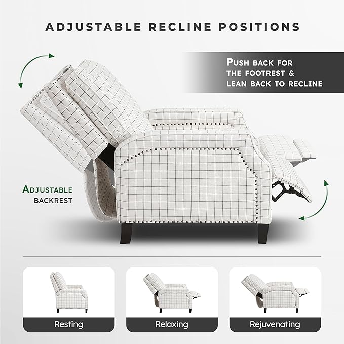 Lexicon Pushback Recliner Chair Plaid Textured Fabric Armchair Push Back Reclining Chair Nailhead Trim Solid Wood Legs Easy Assembly for Living Room/Office/Apartment Off-White