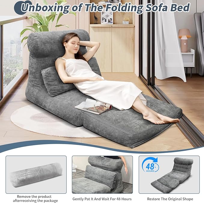 Folding Sofa Bed Floor Couch for Adults Chair Bed Convertible Sleeper Chair with Back Support Washable Cover Deep Seat Sleeper Couch for Living Room