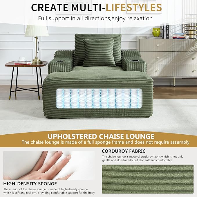 67 Chaise Lounge Chair Indoor Upholstered Corduroy Couch with 2 PillowsComfy Fluffy Cloud CouchSingle Sleeper Sofa Chair for Livingroom (Green 46.5W X 67D)